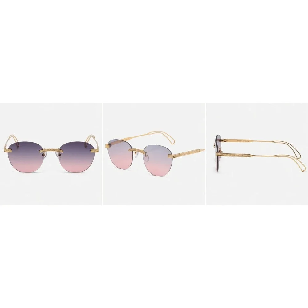 Mens‎ Rimless Round Sunglasses Gold Engraved Metal Purple Pink Gradient Lenses